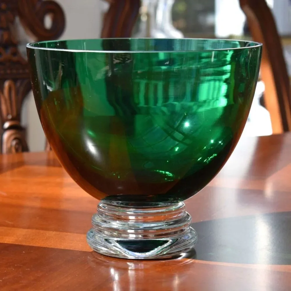 Vintage MCM Emerald Green Art Glass Centerpiece Bowl Clear Crystal Footed Base